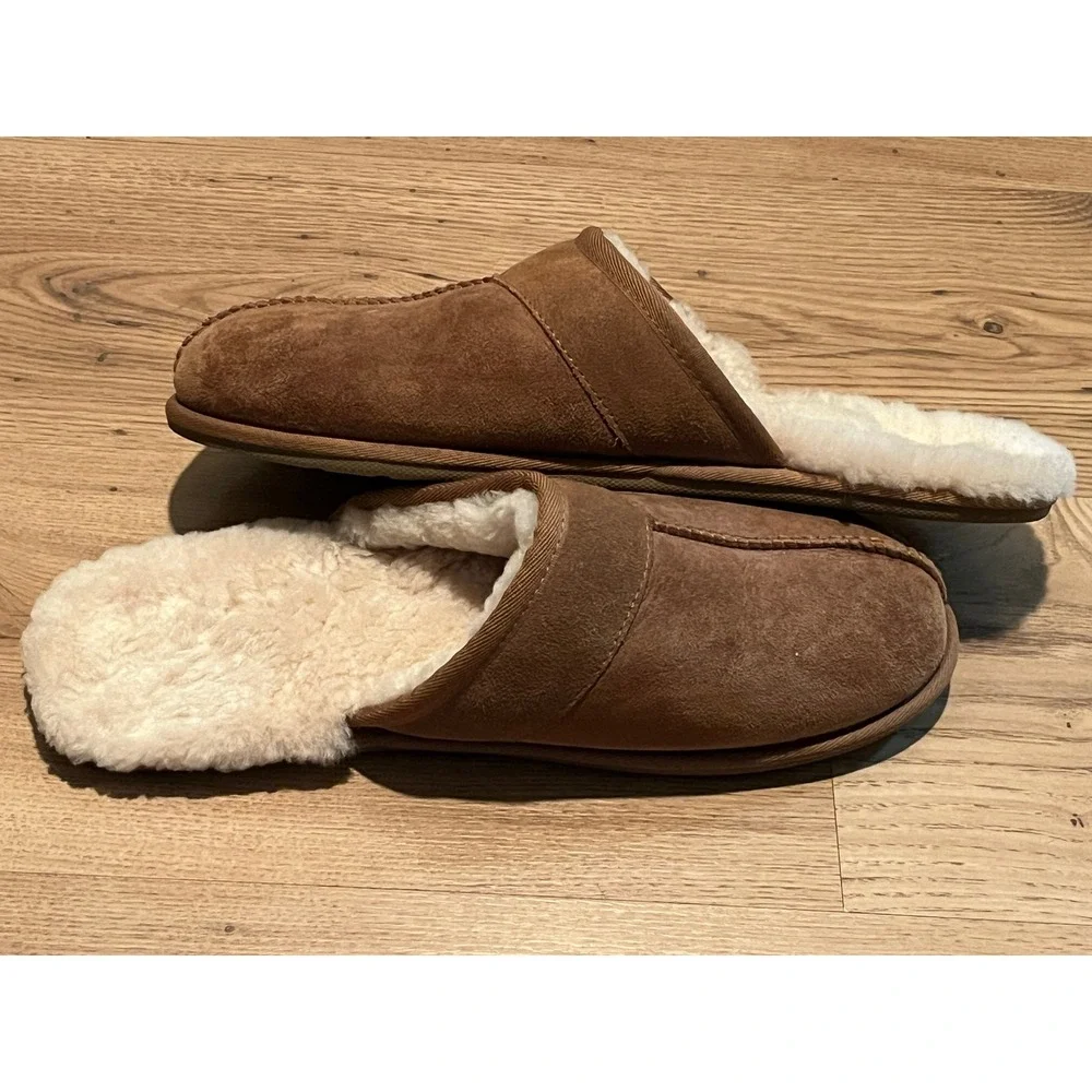 UGG Scuff Slipper Mens 12 Brown Suede Sheepskin Lining House Shoes Slip On Warm